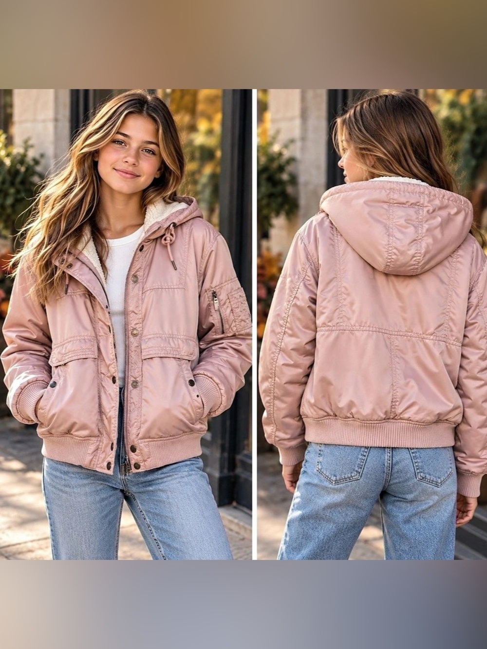 American Eagle AE Sherpa Lined Hooded Bomber Jacket Pink Sherpa-Lined Bomber
